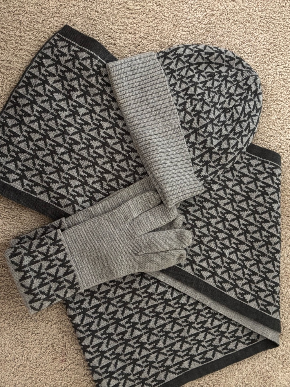 Michael Kors Gray and Black Monogram Knit Scarf, Hat & Gloves Set